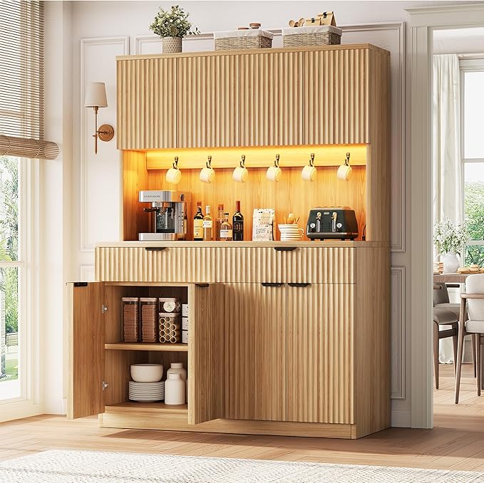 Fluted Kitchen Pantry Storage Cabinet with Charging Station/LED Light/Doors/Shelves, 71'' Tall Kitchen Food Hutch with Microwave Stand for Dining Room Living Room (Natural, 47 * 15.7 * 71)