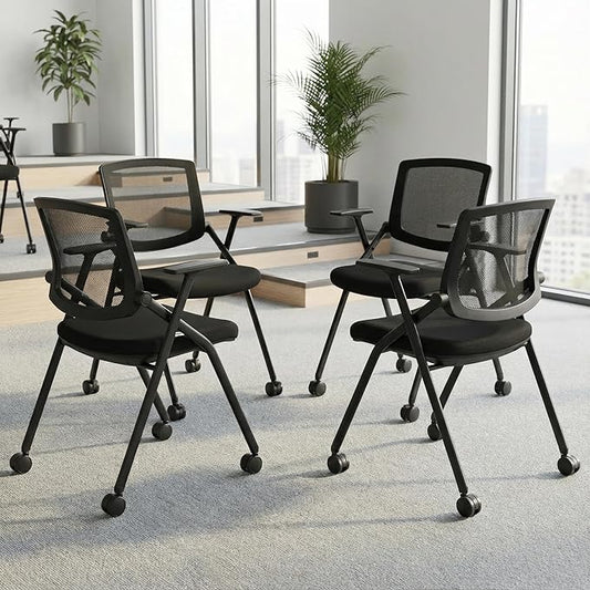 4 Pack Stackable Conference Room Chairs with Wheels and Paddle, Ergonomic Mesh Back and Arms for Meeting, Conference, Reception, Training Room & Home Office Desk Folding Chairs (2 Boxes)