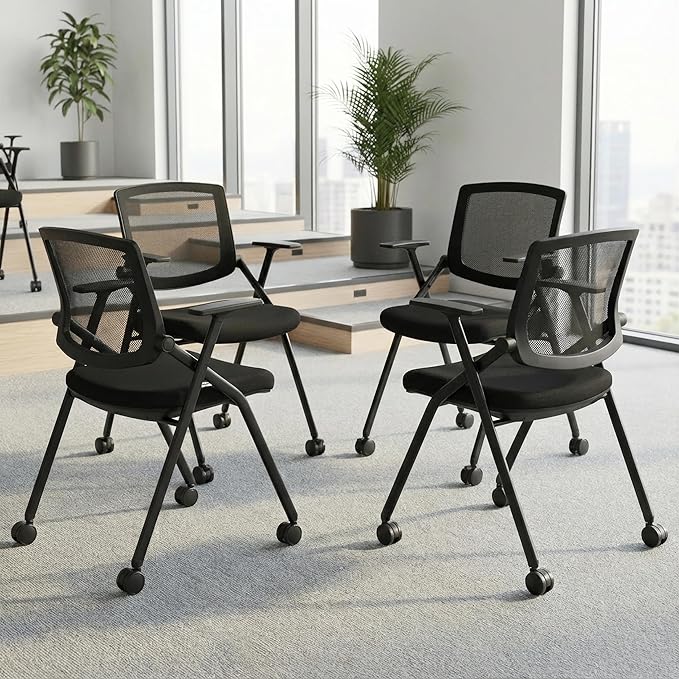 Folding Chair with Wheels and Paddle, Ergonomic Mesh Back and Arms for Office, Meetings, Conferences, Receptions, Training Rooms & Folding Office Chairs - Black 100 Pack