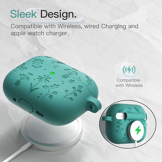 for AirPods Pro 3 Case (2025) DamonLight Floral Engraved Shockproof Protective Soft Silicone Case Cover with Cleaning Pen and Floral Keychain for Apple Airpods Pro 3rd Generation (Forest Green)