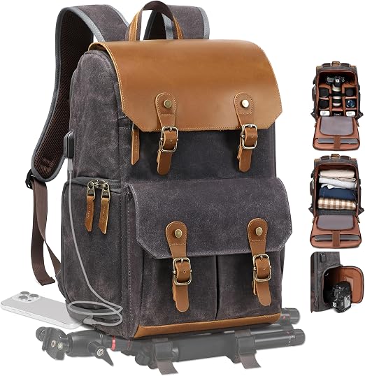 Padwa Lifestyle Gray Black Camera Backpack - Weather Resistant Waxed Memory Canvas Large Camera Bag, Multi DSLR Camera Backpacks for Photographers with 16” Laptop & Lens Compartment,Tripod Holder