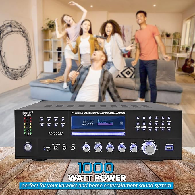 Pyle 4-Channel Wireless Bluetooth Power Amplifier - 1000W Stereo Speaker Home Audio Receiver w/FM Radio, USB, Headphone, 2 Mic w/Echo, Front Loading CD DVD Player, LED, Rack Mount - Pyle PD1000BA.5