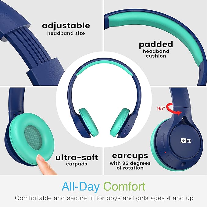 MEE Audio KidJamz KJ45BT Children's Safe Listening Bluetooth Wireless Headphones with Volume Limiter & Microphone, Adjustable On-Ear Kids Headset for Online Learning/School/Travel/Tablet (Blue/Teal)