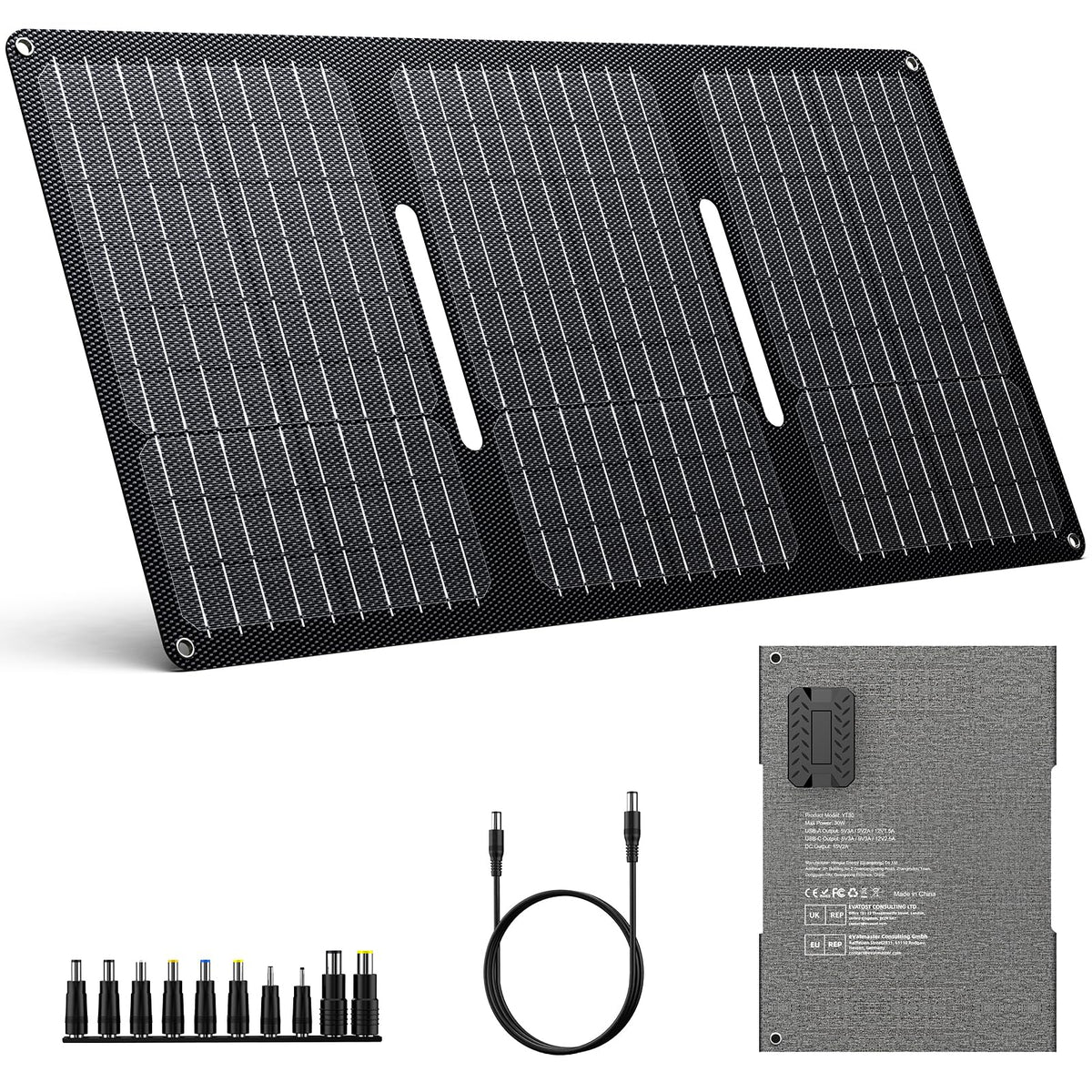 ENOFLO 30W Solar Panel Charger YT30 Foldable Solar Panel IP65 Waterproof Solar Charger with QC3.0 USB & DC Output(10 Connectors) 24% High Efficiency for Outdoor Camping
