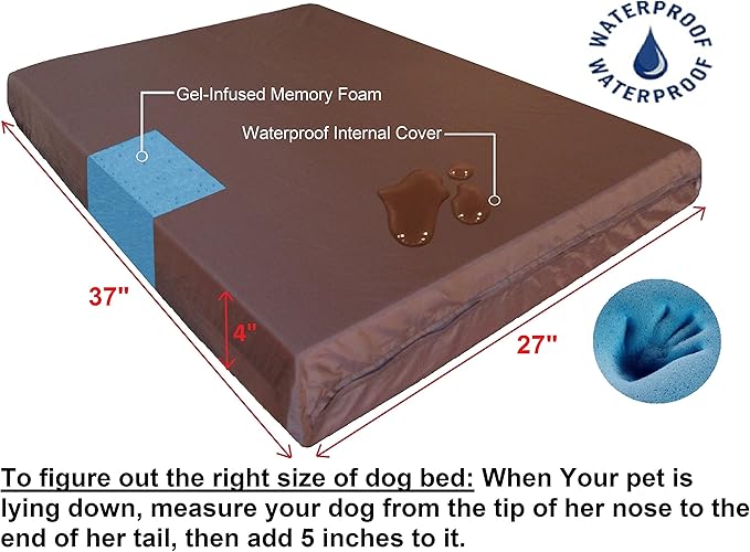 Dogbed4less Orthopedic Gel Infused Memory Foam Dog Bed, Waterproof Liner with Durable Canvas Cover, 37X27X4 Inch