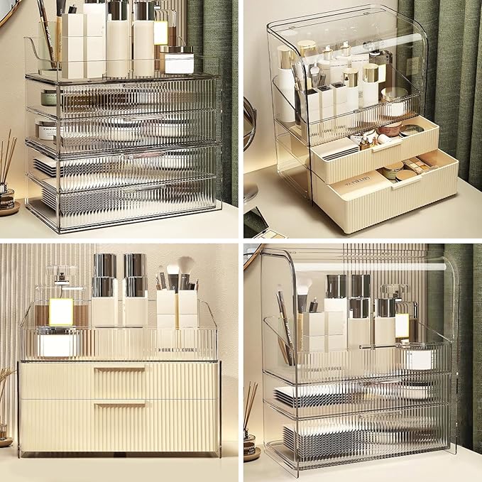 DASITON Clear Dustproof Two layers Storage Box,Makeup Brush Holder,Large Capacity Desktop Storage Box with Drawer,for Beauty Products,Perfume,Jewelry,Nail Polish