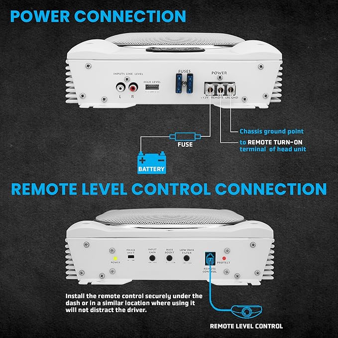 Lanzar 8'' Marine Subwoofer System – 1000W Waterproof Slim Amplified Woofer with RCA Low Level Input, Remote Control, LED Power Indicators, Adjustable Sensitivity, Bass Boost, and Protection Circuits