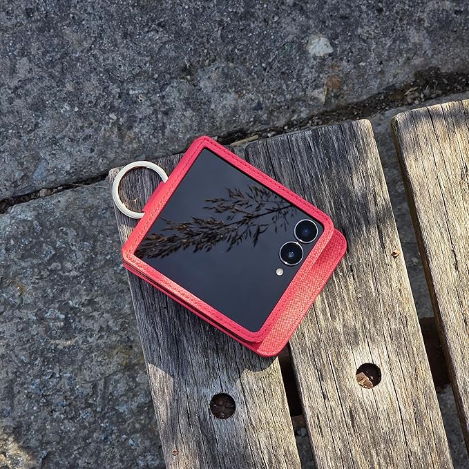 [BeYourSanta] Galaxy Z Flip 7 Case with Ring - Avant-Garde Handmade Saffiano Vegan Leather Case, Anti-Scratch Hinge Protection, Made in Korea (3 Pockets, Coral Red)
