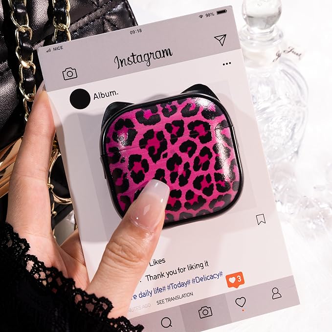 for AirPods 4 Case with Cleaning Kit, Cute Cat Ear Print Design & Cute Buckle, Inverted Phone Holder Design, Top Safe Lock Buckle Design, for Girls AirPods 4 case 2024, Rose Leopard