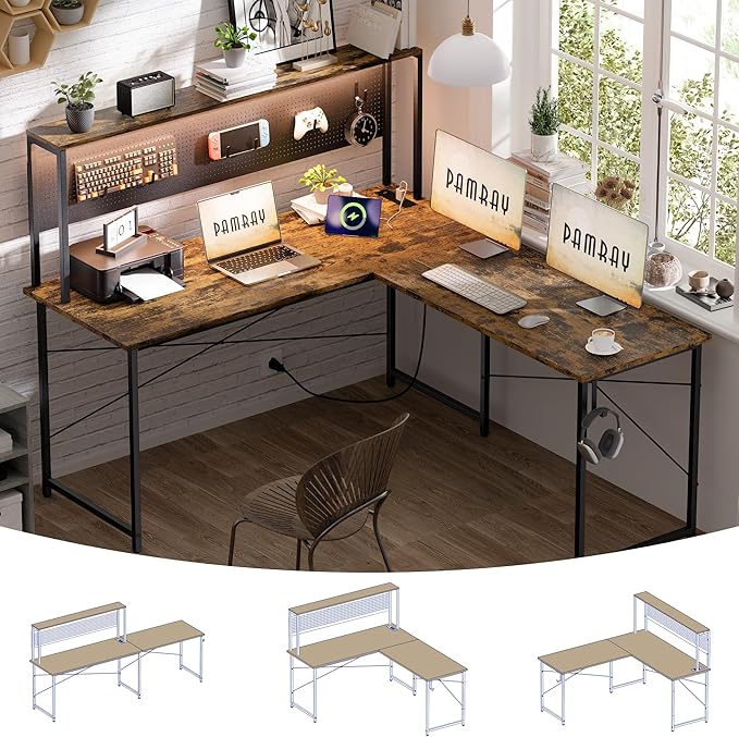 Pamray 60 Inch L Shaped Gaming Desk with LED Lights and Power Outlets Reversible Corner Computer Desk with Pegboard Storage Shelves Home Office Table for Work Study Vintage