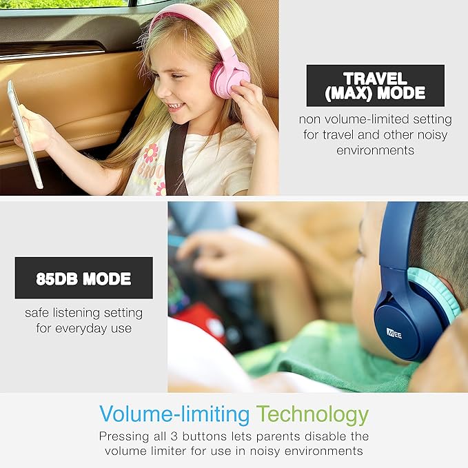 MEE audio KidJamz KJ45BT Children's Safe Listening Bluetooth Wireless Headphones with Volume Limiter & Microphone, Adjustable On-Ear Kids Headset for Online Learning/School/Travel/Tablet, Pink/Magenta