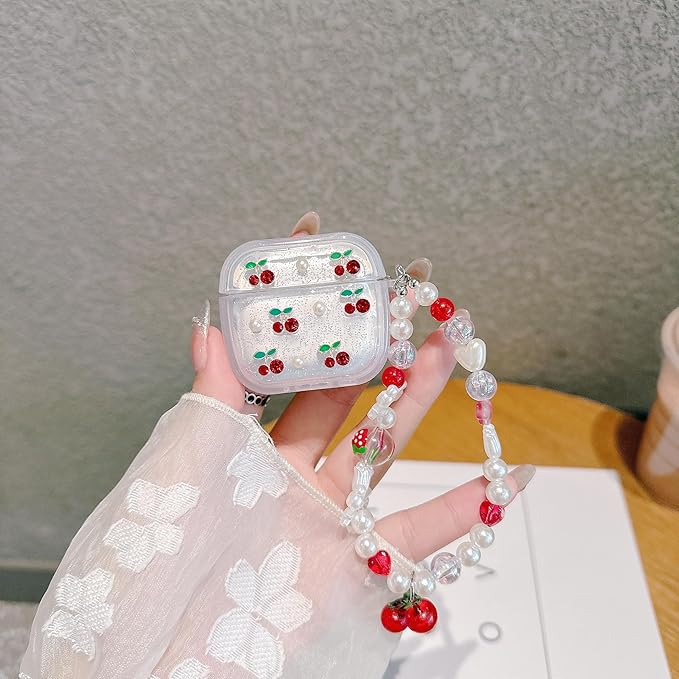 JANDM 3D Cherry Case with Keychain for AirPods 4, Clear Diamonds Aesthetic Shockproof Cover with Cute Pearl Strap for Women Girls Protective Cover