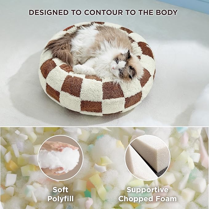 LE SURE Donut Cat Beds for Indoor Cats - Small Round Dog Bed for Calming Pets with Washable Cover, Cute Modern Puppy Beds with Jacquard Shaggy Plush & Anti Slip Bottom, 20 Inch, Brown