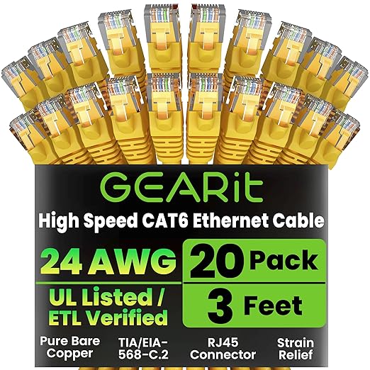 GEARit Cat 6 Ethernet Cable (20-Pack 3 Feet) Cat6 Network Patch, 10Gbps, RJ45, Snagless Cord, Gold-Plated Connectors, Internet for PC, TV, Tablet, Router, Printer, Servers, IT Data Center - Yellow