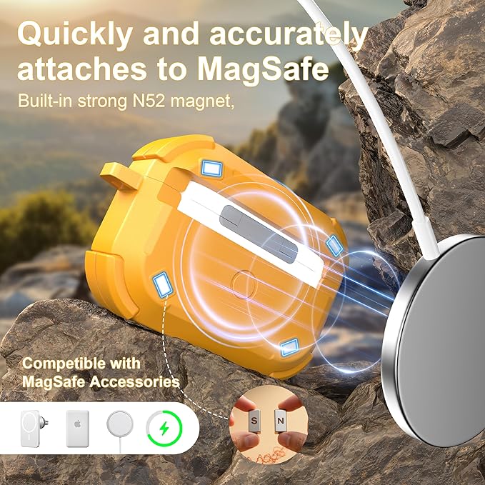 RFUNGUANGO for AirPods Pro 2 Case, Compatible with AirPods Pro 2nd/1st Generation Case, Compatible with MagSafe, Magnetic Automatic Lock with Cleaner Kit and Keychain, Front LED Visible, Yellow