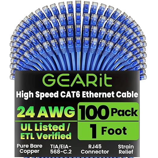 GEARit Cat 6 Ethernet Cable Pack - 100-Pack 1 ft Cat6 Ethernet Patch Cables | RJ45 Network Patch Cable, 10 Gbps Snagless Gold-Plated Connectors - Ethernet Cable Cat 6 for PC, TV, Router - Blue