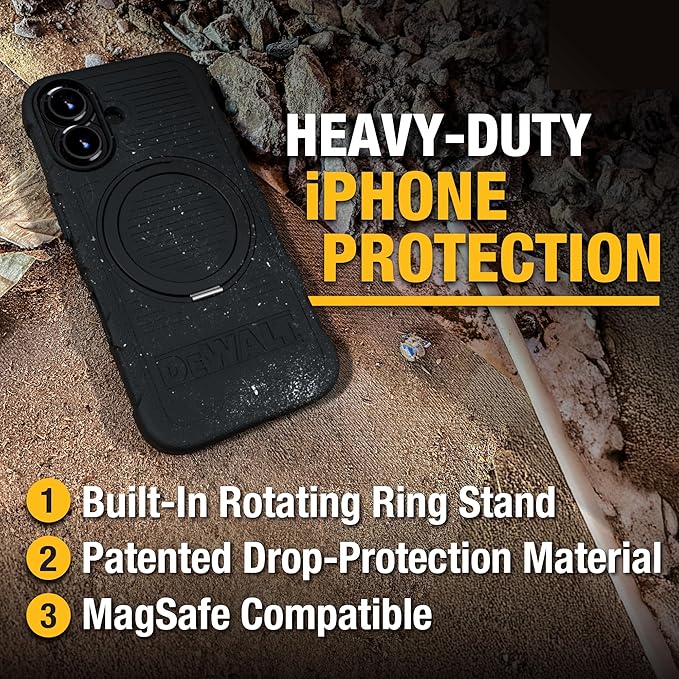 DEWALT Phone Case & Screen Protector Bundle for iPhone 16 – 360° Rotatable Magnetic Ring Stand + 2-Pack Tempered Glass for Ultimate Protection