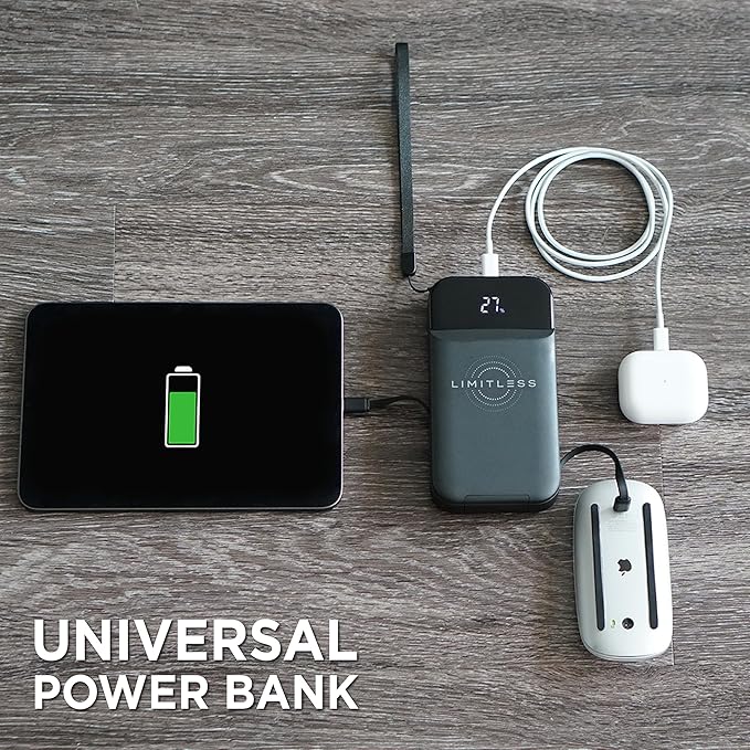 Limitless Innovations Ultimate Pro 15,000mAh Portable Power Bank PD 20W with Built-in Cables, Wireless Charging, Flashlight, Wall Plug, & Digital Display, for iPhone, Samsung, & More (Black Metallic)