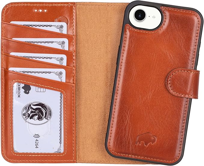 BLACKBROOK for iPhone 17e/16e Case with Card Holder, Carter Full Grain Leather, 2-in-1 Folio Flip Case for MagSafe Wireless Charging, RFID Blocking, 4 Card Slots
