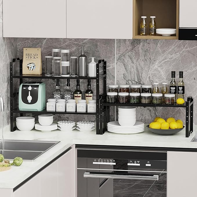 Expandable Shelf for Cabinet Organizer Adjustable Stackable Spice Rack at Kitchen and Bathroom More, Counter Countertop Cupboard Organization Pantry Storage (1 Pack/Black, Large)