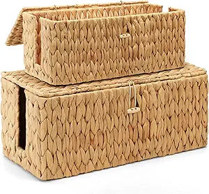 Posprica Cable Management Box with Lid, 2Pack Handwoven Real Water Hyacinth Cord Hider Organizer Boxes, 2 Side Open Slots Storage Box to Hide Cords Power Strip for Desk, Floor, Office