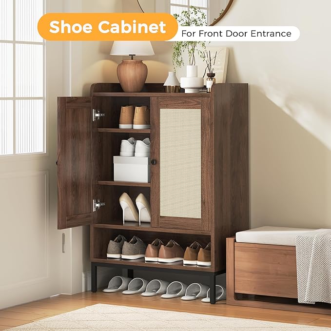 JASIWAY Rattan Shoe Cabinet Storage for Entryway, Shoe Cabinet with Adjustable Shelves for Entryway, 5-Tier, 20 Pair Shoe Rack Storage for Hallway, Closet, Living Room, Brown