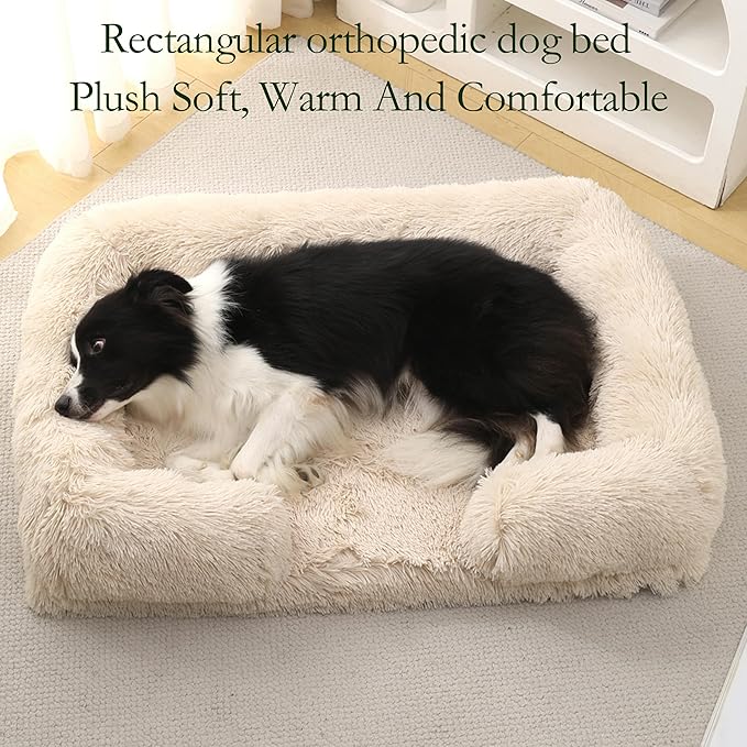Orthopedic Dog Bed for Medium Dogs - Washable Memory Foam Pet Sofa, Fluffy Plush Rectangular Bed, Waterproof Anti-Anxiety Couch, Light Brown, M