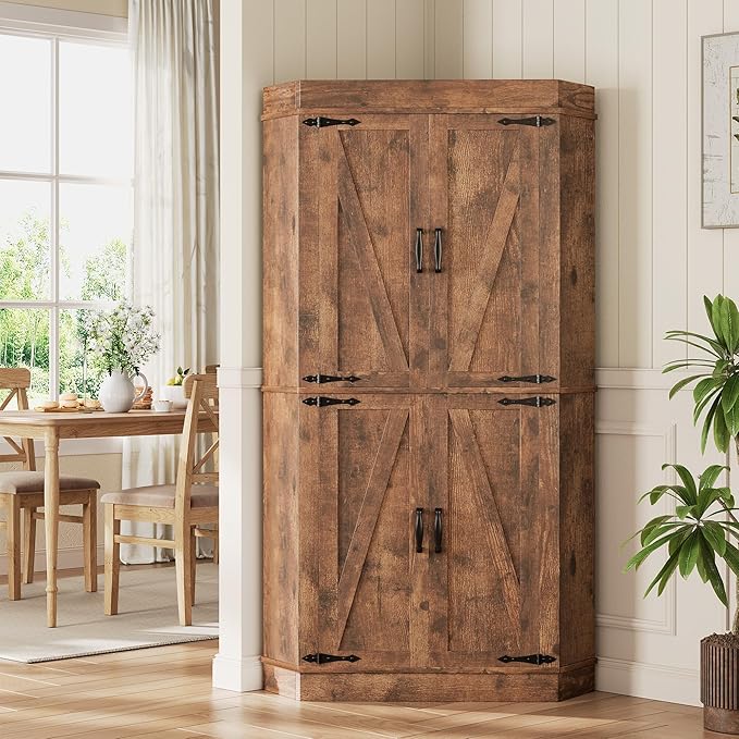 Corner Cabinet,71'' Kitchen Pantry Storage Cabinet with 4 Doors and Shelves, Tall Food Pantry Storage Cabinet Farmhouse Furniture for Kitchen Dining Room, Brown