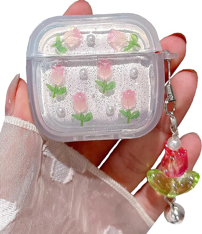 JANDM 3D Tulip for AirPods 4 Case with Keychain, Clear Glitter Pink Floral Design, Shockproof Protective Cover for Women Girls with Flower Charm Strap