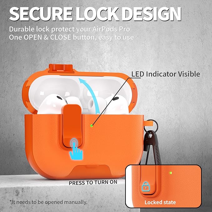 for AirPods Pro 3 Case with Lock,TPU Leather Texture Durability Anti-Lost & Shockproof Protective Cover Accessories with Cleaning Kit in Keychain for Apple AirPod Pro 3 Generation 2025(Orange)
