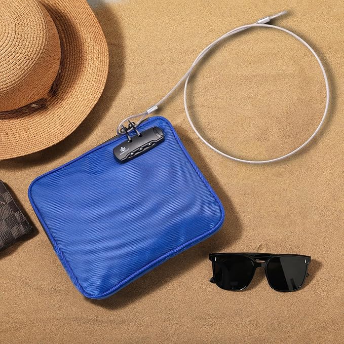 Beach Locking Bag, 9x7.5 Inch Portable Safe for Phone, Wallet, Keys | Anti-Theft Locking Travel Pouch for Pool, Vacation (Blue)