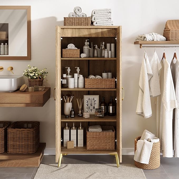 JASIWAY Tall Bathroom Storage Cabinet with Doors and Shelves, 57" Linen Deep Floor Cabinet for Laundry Room Kitchen, Freestanding Pantry for Towel, Adjustable Shelves, Anti-Tipping Device, Wood