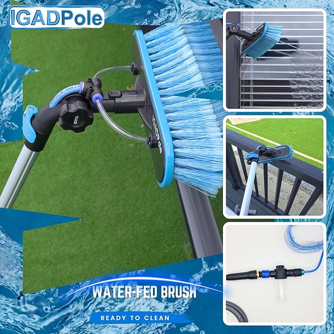 28ft IGADPole Washing Kit: Water-fed Brush, Cobweb Duster and 10” Squeegee and Soap Dispenser, Window Cleaning Pole, Water Fed Telescopic Brush, Window Cleaner Kit, Blue