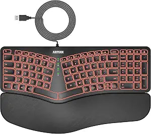 Arteck Split Ergonomic Keyboard with Palm Rest, USB Wired Backlit Keyboard
