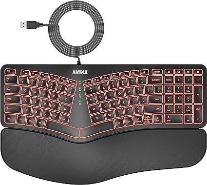 Arteck Split Ergonomic Keyboard with Palm Rest, USB Wired Backlit Keyboard