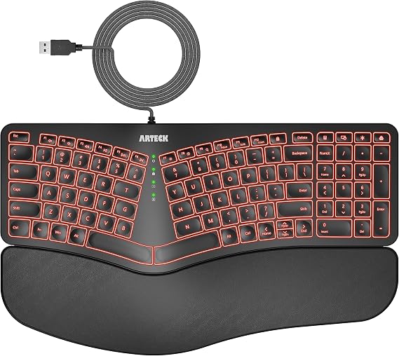 Arteck Split Ergonomic Keyboard with Palm Rest, USB Wired Backlit Keyboard