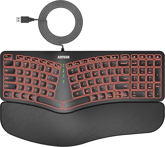 Arteck Split Ergonomic Keyboard with Palm Rest, USB Wired Backlit Keyboard