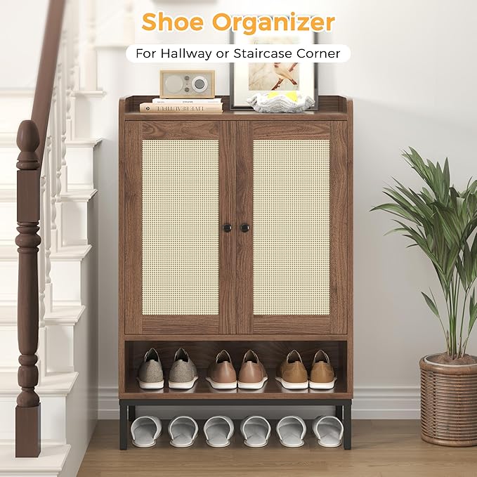 JASIWAY Rattan Shoe Cabinet Storage for Entryway, Shoe Cabinet with Adjustable Shelves for Entryway, 5-Tier, 20 Pair Shoe Rack Storage for Hallway, Closet, Living Room, Brown