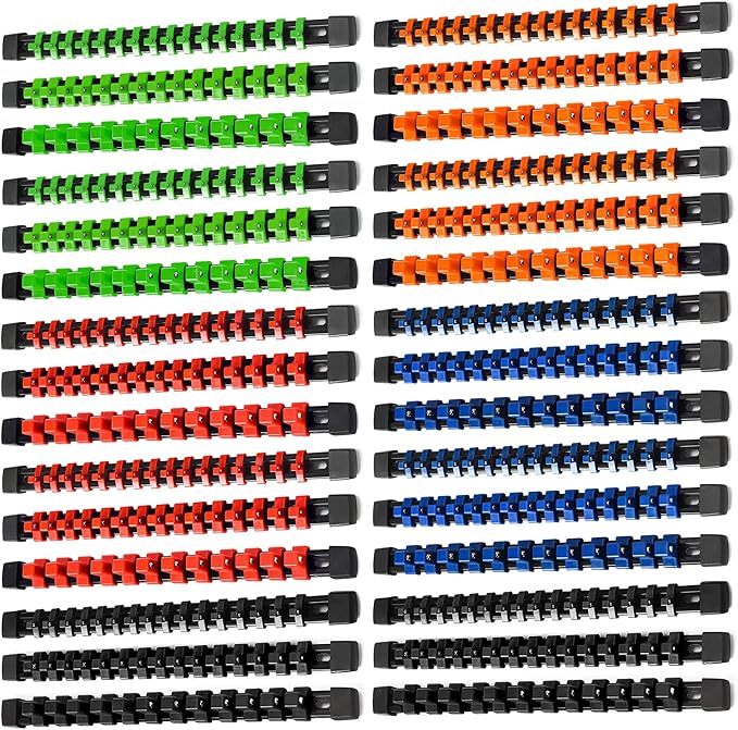 ALOANES 30PC ABS Socket Organizer, Socket Rails Fit 1/2 inch, 3/8 inch and 1/4 inch Drive, Heavy Duty Socket Holders Hold up to 430 Sockets, Black Rails with 5 Color Clips