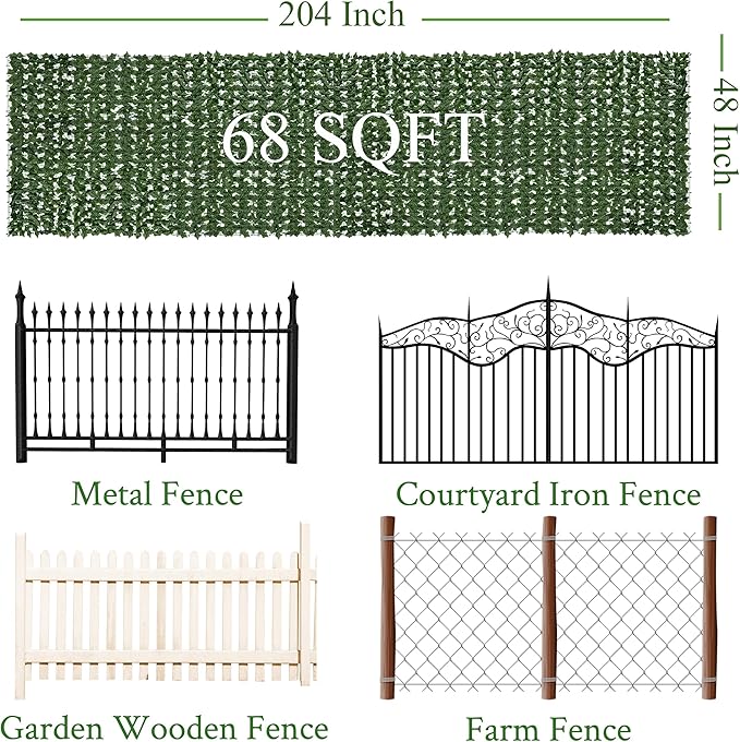 Artificial Ivy Privacy Fence Screen: 204 "x 48" (68 Sqft) Anti-Ultraviolet Artificial Hedge Grass Wall, Used for Indoor and Outdoor Green Background, Garden Greening Decoration