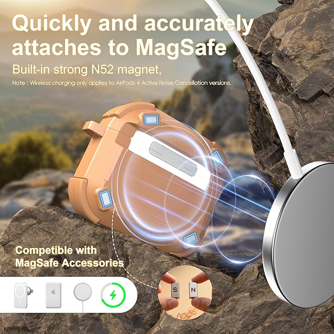 RFUNGUANGO for AirPods 4 Case, Compatible with AirPods 4th Generation Case (2024), Compatible with MagSafe, Magnetic Automatic Lock with Cleaner Kit and Keychain, Front LED Visible, Brown