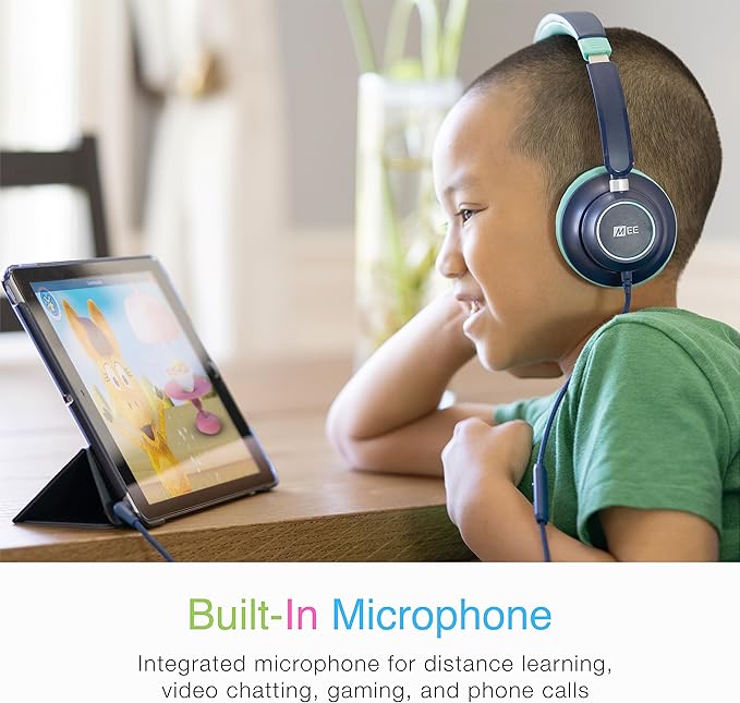 MEE Audio KidJamz KJ45 Children’s Safe Listening Headphones with Volume Limiter & Microphone, Adjustable On-Ear Kids Headset Wired with 3.5mm Jack for Online Learning/School/Travel/Tablet (Blue/Teal)