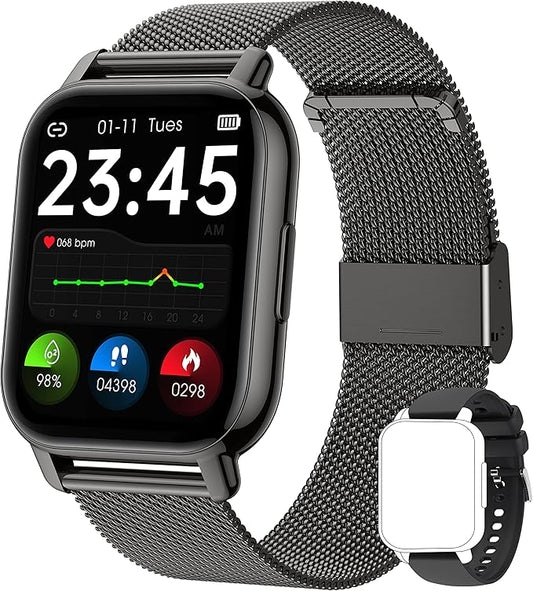 Popglory Smart Watch Answer/Make Calls, 1.85'' Smartwatch with AI Voice Control, Blood Pressure/SpO2/Heart Rate Monitor, Fitness Tracker Watch 2 Straps for Men Women for iOS Android Phones