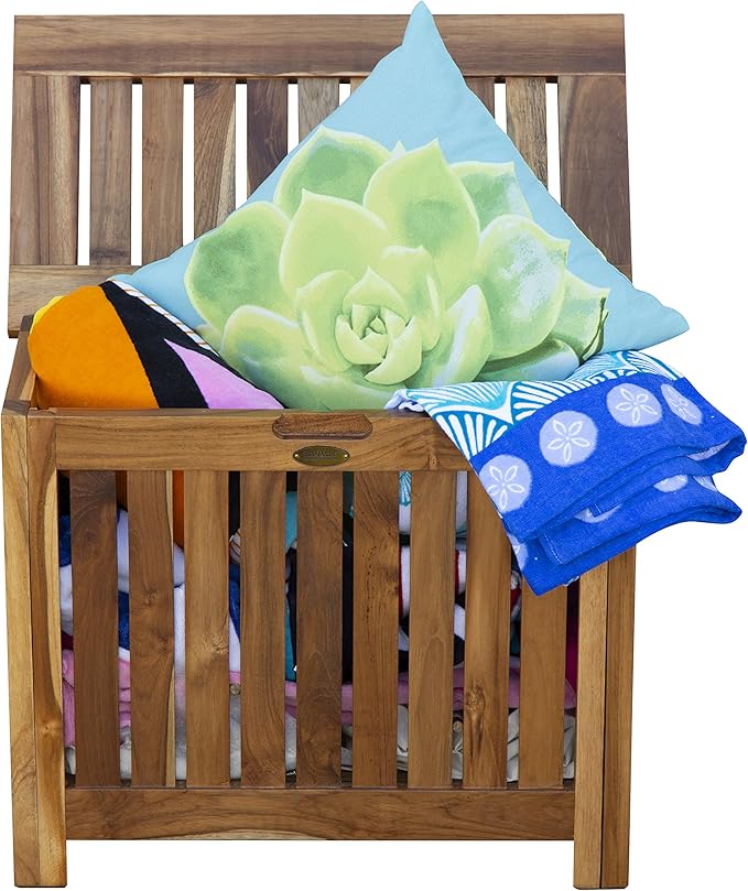 DecoTeak Solid Hamper in Natural Teak, Solid Bench in Natural Teak, 23 inch W x 12.5 inch D x 18.5 inch H