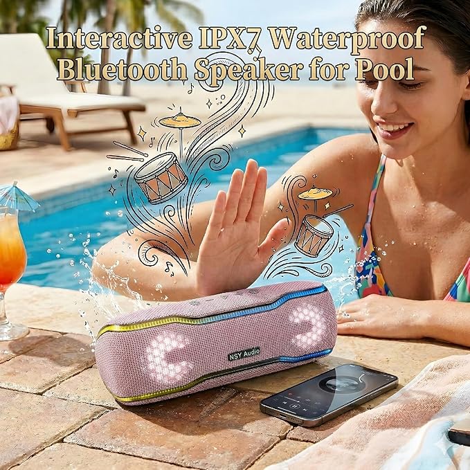 Bluetooth Shower Speaker, IPX7 Waterproof Portable Wireless Speaker, 24H Playtime, LED Lights, TWS Pairing, for Parties, Beach, Travel, Pool, Gifts, Pink