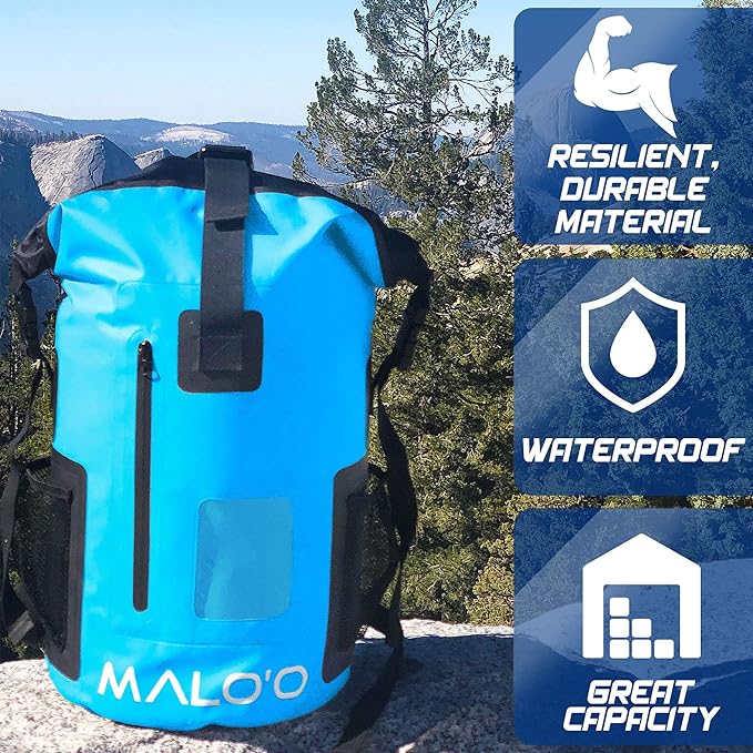 Malo?™o DryPack 30L Waterproof Backpack, Roll-Top Dry Bag Backpack with Padded Straps, Floating Design for Beach, Kayaking, Fishing, Boating, Travel, and Water Sports, Blue