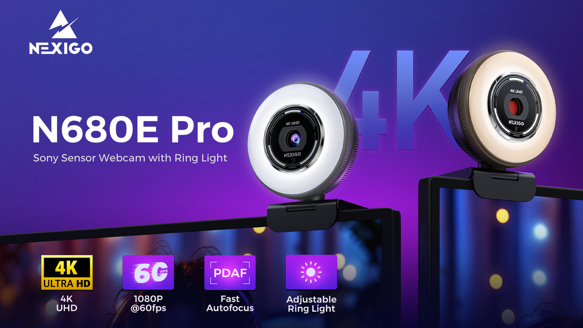 NexiGo N680E Pro 4K Webcam with Ring Light, PDAF Autofocus, 1080p 60FPS, Dual Noise-Canceling Mics, Privacy Shutter, USB Plug-and-Play for Zoom, Teams, Twitch, Google Meet