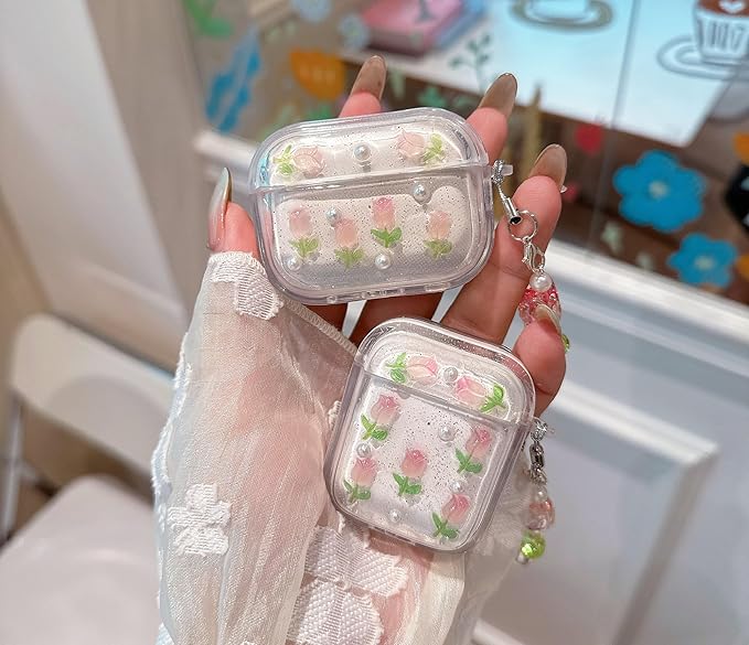 JANDM 3D Tulip for AirPods 1/2 Case with Keychain, Clear Glitter Pink Floral Design, Shockproof Protective Cover for Women Girls with Flower Charm Strap