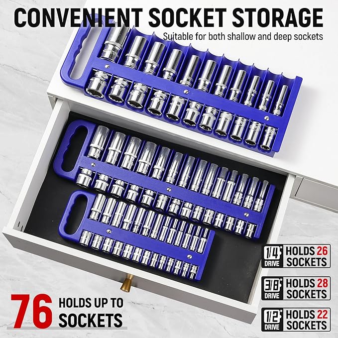 Magnetic Socket Organizer Set, 3 Pcs Blue Portable Heavy Duty Socket Rail Set: 1/4-Inch x 22 Pallets, 3/8-Inch x 28 Pallets, 1/2-Inch x 26 Pallets, Hold 76 Sockets - Fit Shallow&Deep Sockets
