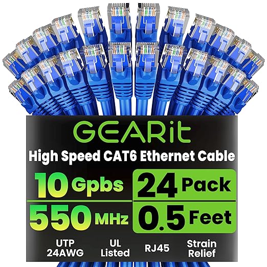 GEARit Cat 6 Ethernet Cable Pack - 24-Pack 0.5 ft Cat6 Ethernet Patch Cables | RJ45 Network Patch Cable, 10 Gbps Snagless Gold-Plated Connectors - Ethernet Cable Cat 6 for PC, TV, Router - Blue